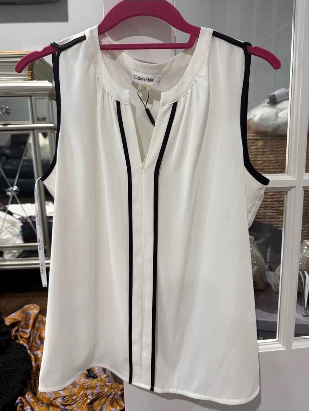 Calvin Klein White Sleeveless V-Neck Top with Black Trim